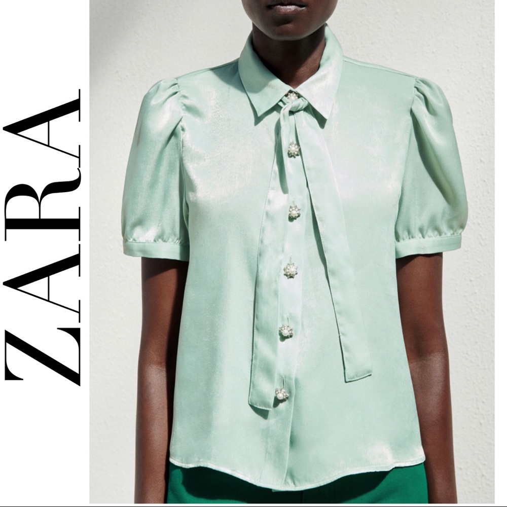 🍭 NWT Zara Mint Green Satin Puff Sleeve Button Tie Blouse